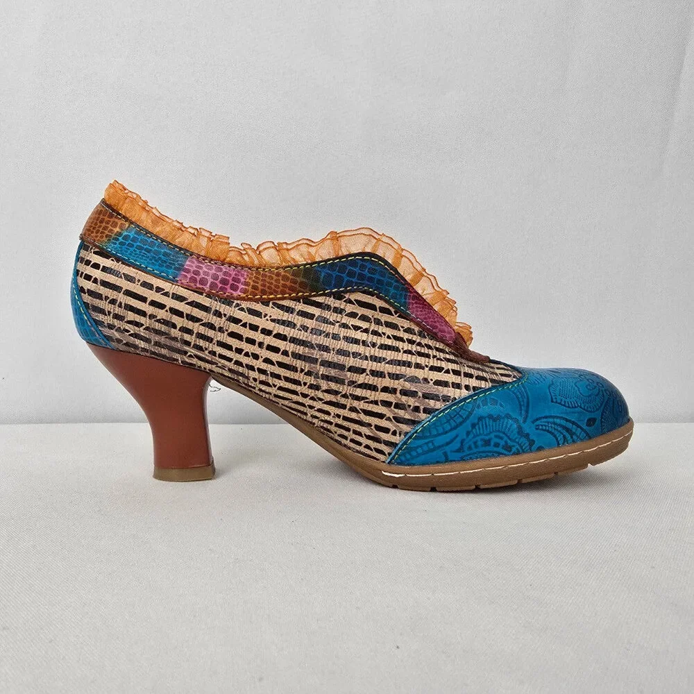 Socofy Blue & Orange Leather Ruffle Booties Size 6.5 - Picture 2 of 9